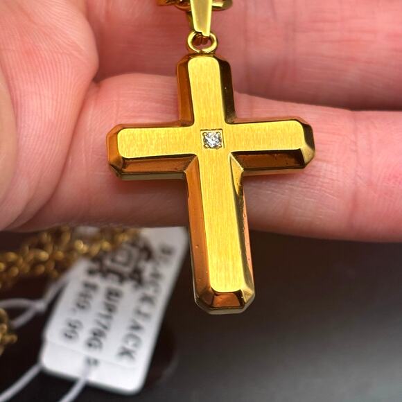 Blackjack BJP176G Mens Gold Stainless Steel Cross Pendant Necklace With CZ NIBWT - Picture 8 of 17